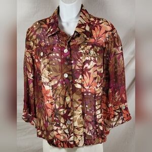 RUBY RD. Maroon and Tan Floral Print Button Up Shirt Jacket - Size 18 or L